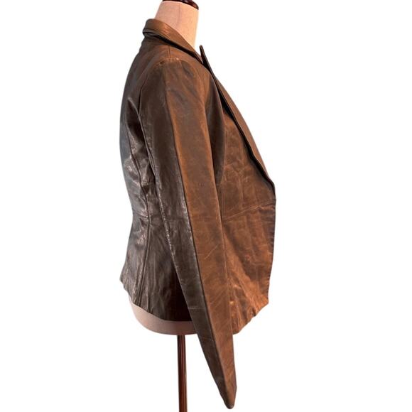 NWOT BLK DNM Distressed Leather Blazer Jacket Lined Olive Open XS XXS - Picture 4 of 9